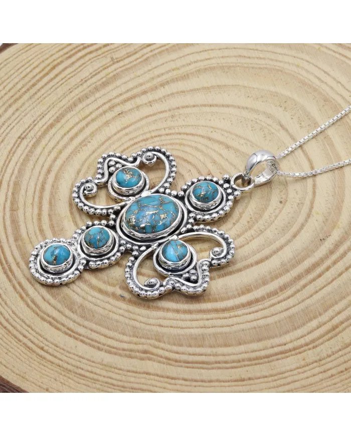 Blue Copper Turquoise Cross Pendant – 925 Sterling Silver Handmade Jewelry