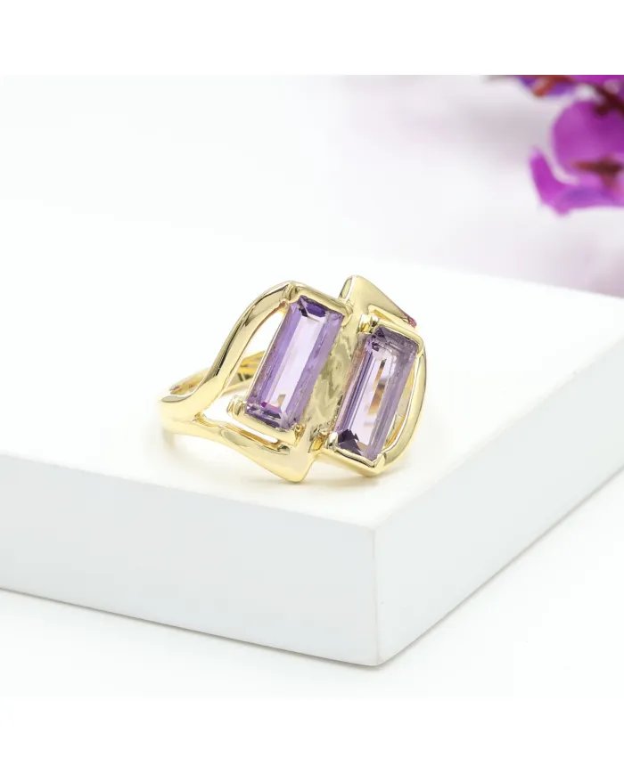 Elegant Amethyst Gemstone Ring in Gold Plated 925 Sterling Silver Jewelry