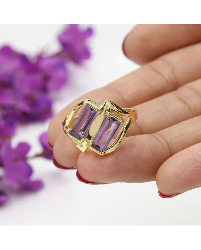 Elegant Amethyst Gemstone Ring in Gold Plated 925 Sterling Silver Jewelry