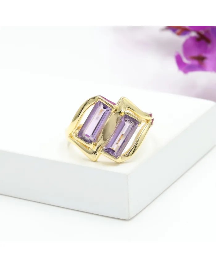 Elegant Amethyst Gemstone Ring in Gold Plated 925 Sterling Silver Jewelry