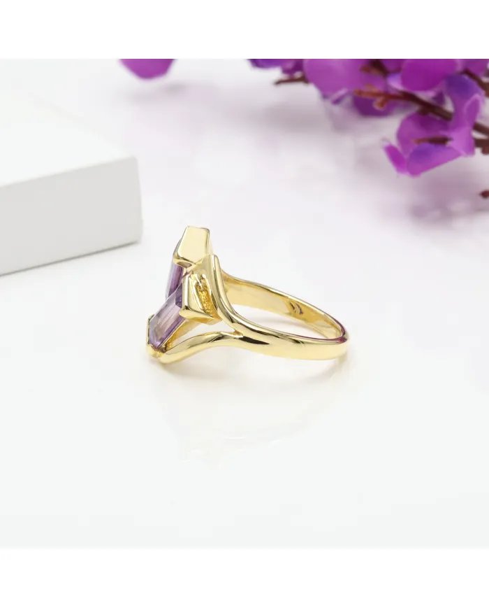 Elegant Amethyst Gemstone Ring in Gold Plated 925 Sterling Silver Jewelry