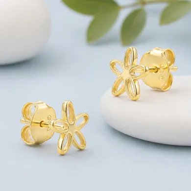 Charming Flower Stud Earrings – 925 Silver Gold Plated Modern Minimalist