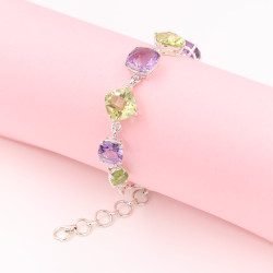 Amethyst, Peridot, and Lemon Quartz Bracelet, 925 Sterling Silver Link Bracelet