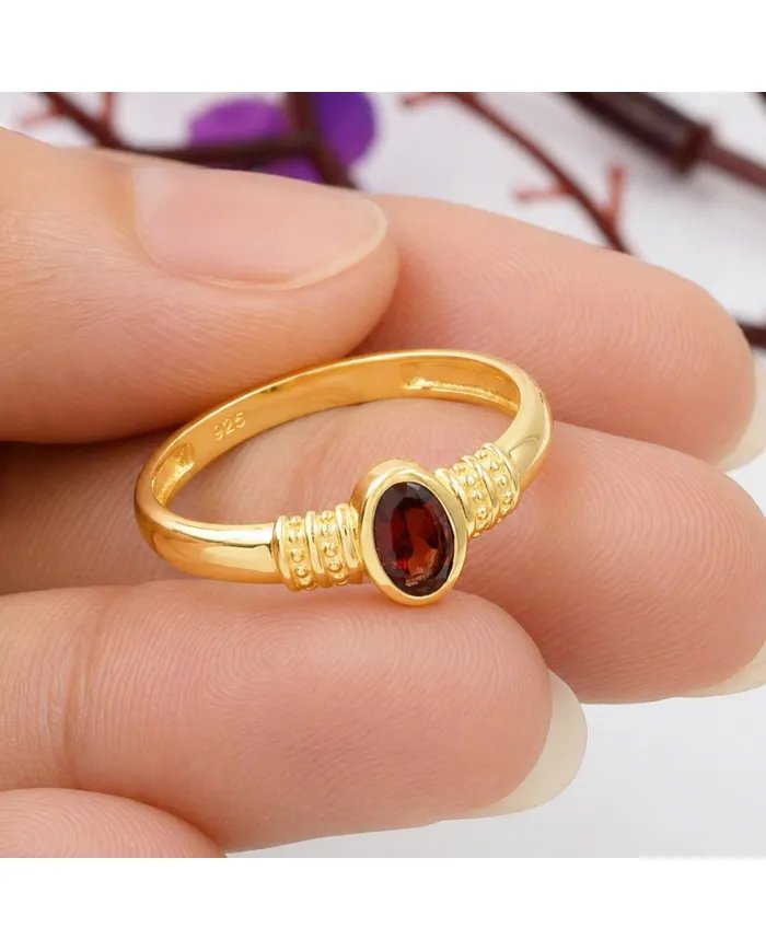 Garnet Ring - Gold Plated 925 Sterling Silver Oval Cut Handmade Jewelry