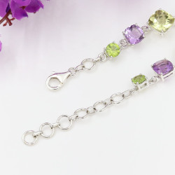 Amethyst, Peridot, and Lemon Quartz Bracelet, 925 Sterling Silver Link Bracelet