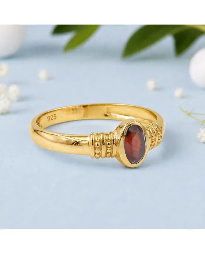 Garnet Ring - Gold Plated 925 Sterling Silver Oval Cut Handmade Jewelry