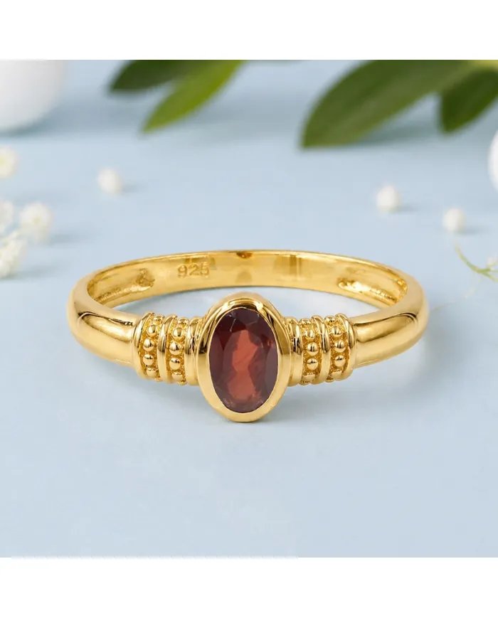 Garnet Ring - Gold Plated 925 Sterling Silver Oval Cut Handmade Jewelry