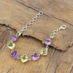 Amethyst, Peridot, and Lemon Quartz Bracelet, 925 Sterling Silver Link Bracelet