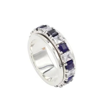Blue Sapphire Spinner Ring with Swarovski Crystal – 925 Sterling Silver Anxiety Fidget Ring Handmade Stress Relief Jewelry