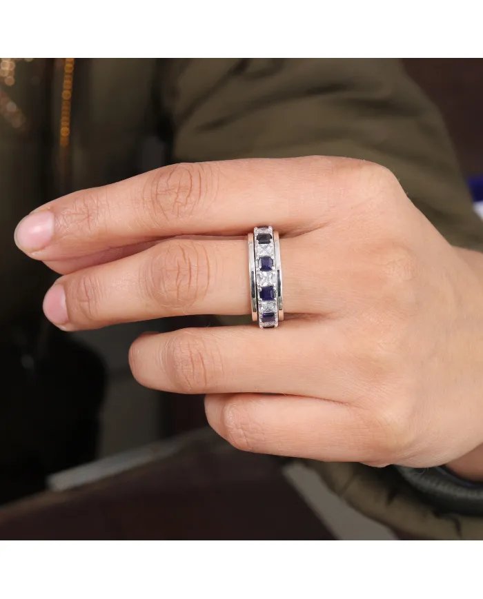 Blue Sapphire Spinner Ring with Swarovski Crystal – 925 Sterling Silver Anxiety Fidget Ring Handmade Stress Relief Jewelry