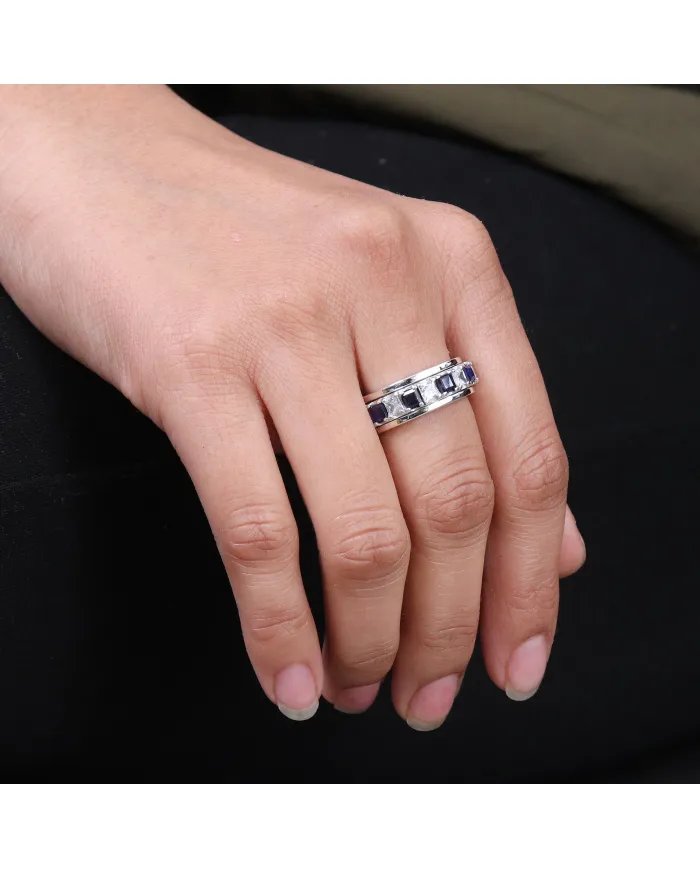 Blue Sapphire Spinner Ring with Swarovski Crystal – 925 Sterling Silver