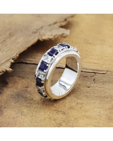 Blue Sapphire Spinner Ring with Swarovski Crystal – 925 Sterling Silver Anxiety Fidget Ring Handmade Stress Relief Jewelry