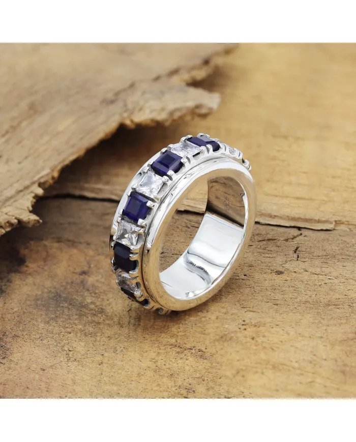 Blue Sapphire Spinner Ring with Swarovski Crystal – 925 Sterling Silver Anxiety Fidget Ring Handmade Stress Relief Jewelry