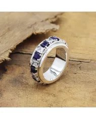 Blue Sapphire Spinner Ring with Swarovski Crystal – 925 Sterling Silver Anxiety Fidget Ring Handmade Stress Relief Jewelry