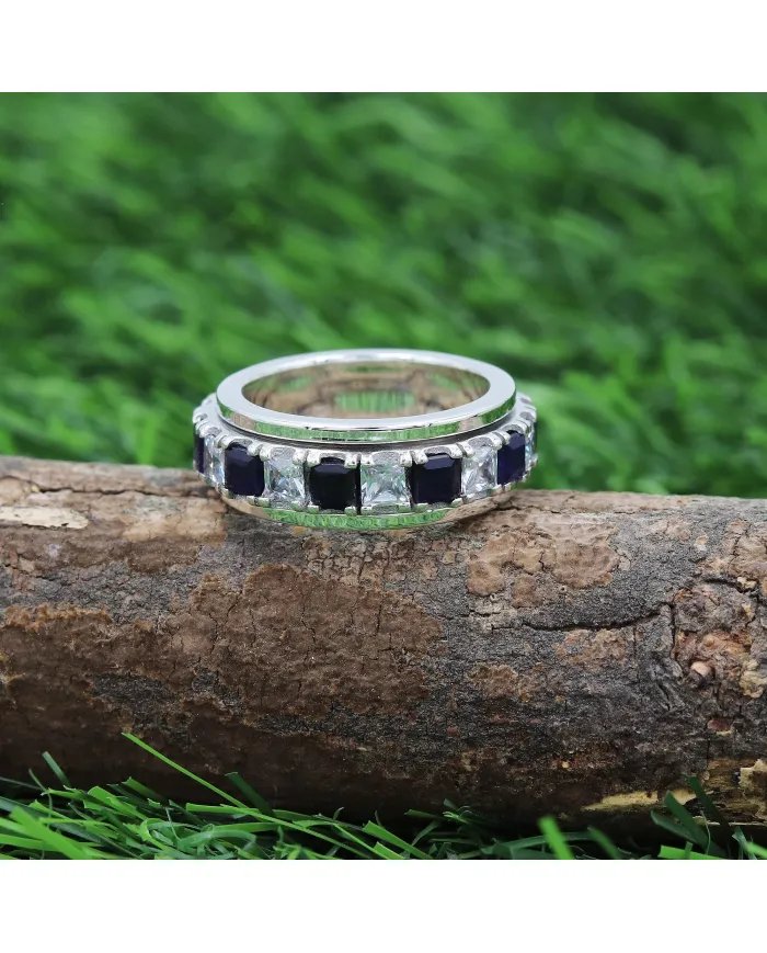 Blue Sapphire Spinner Ring with Swarovski Crystal – 925 Sterling Silver Anxiety Fidget Ring Handmade Stress Relief Jewelry