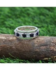 Blue Sapphire Spinner Ring with Swarovski Crystal – 925 Sterling Silver Anxiety Fidget Ring Handmade Stress Relief Jewelry
