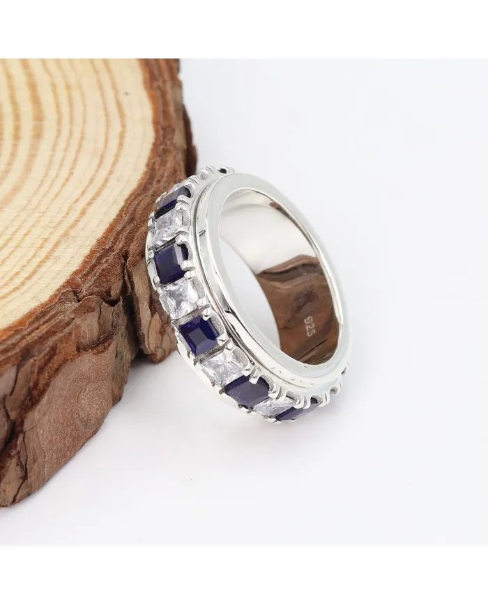 Blue Sapphire Spinner Ring with Swarovski Crystal – 925 Sterling Silver Anxiety Fidget Ring Handmade Stress Relief Jewelry