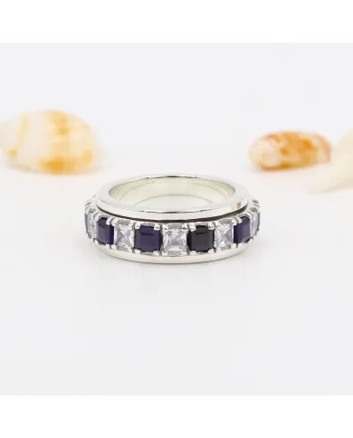 Blue Sapphire Spinner Ring with Swarovski Crystal – 925 Sterling Silver Anxiety Fidget Ring Handmade Stress Relief Jewelry