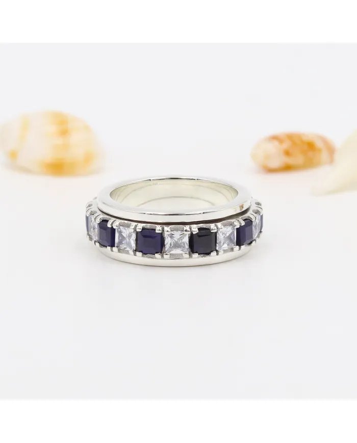 Blue Sapphire Spinner Ring with Swarovski Crystal – 925 Sterling Silver Anxiety Fidget Ring Handmade Stress Relief Jewelry