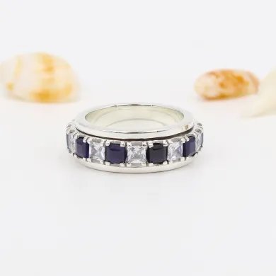 Blue Sapphire Spinner Ring with Swarovski Crystal – 925 Sterling Silver Anxiety Fidget Ring Handmade Stress Relief Jewelry
