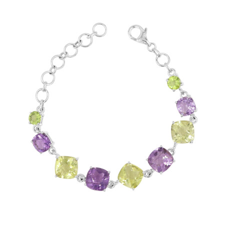 Amethyst, Peridot, and Lemon Quartz Bracelet, 925 Sterling Silver Link Bracelet