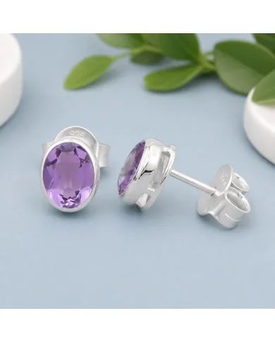 Amethyst Stud Earrings - Handmade 925 Sterling Silver Jewelry