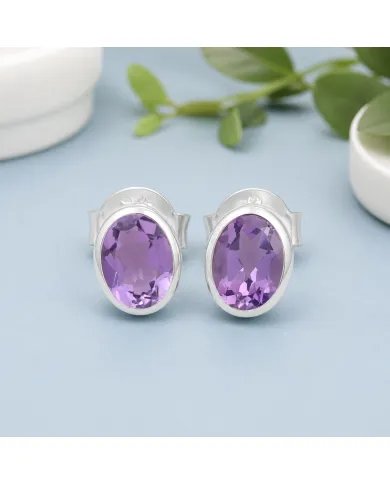 Amethyst Stud Earrings - Handmade 925 Sterling Silver Jewelry