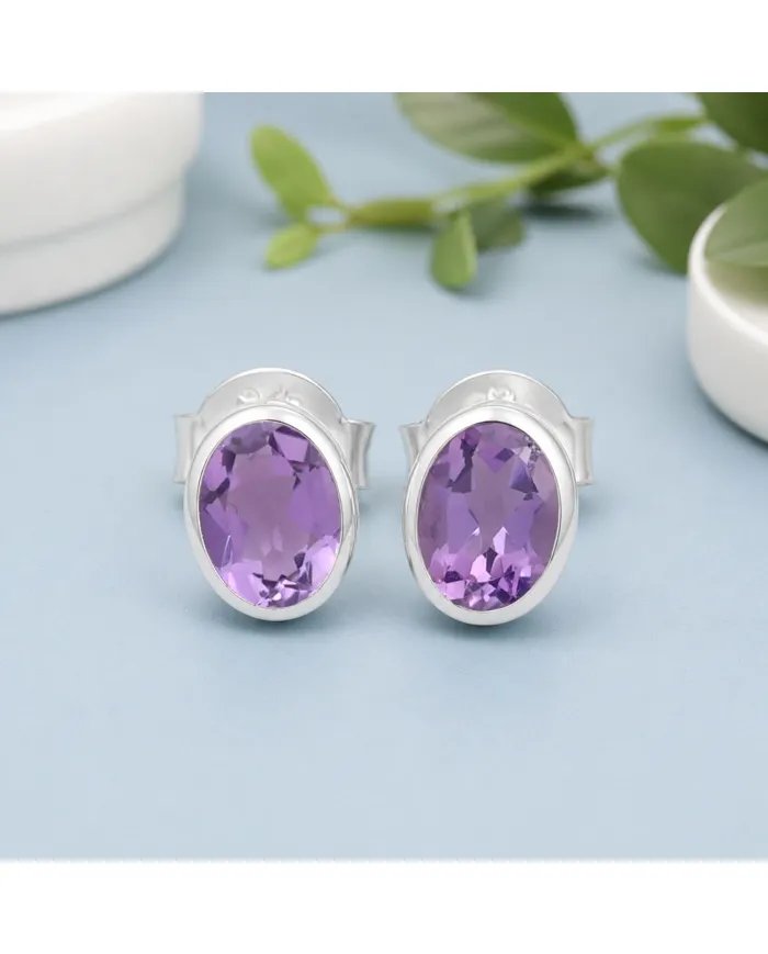 Amethyst Stud Earrings - Handmade 925 Sterling Silver Jewelry
