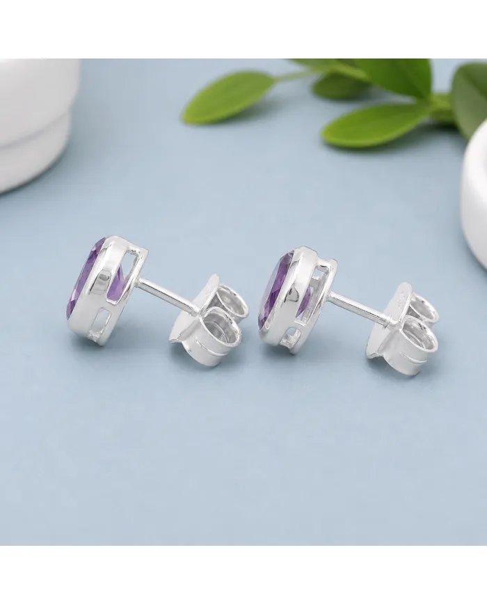 Amethyst Stud Earrings - Handmade 925 Sterling Silver Jewelry
