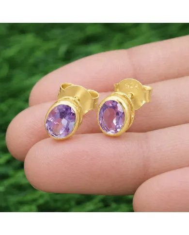 Amethyst Stud Earrings - 925 Sterling Silver Gold Plated Handmade Jewelry