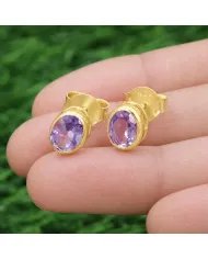 Amethyst Stud Earrings - 925 Sterling Silver Gold Plated Handmade Jewelry