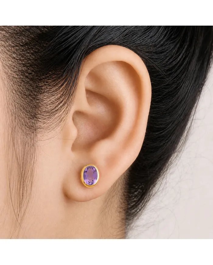 Amethyst Stud Earrings - 925 Sterling Silver Gold Plated Handmade Jewelry