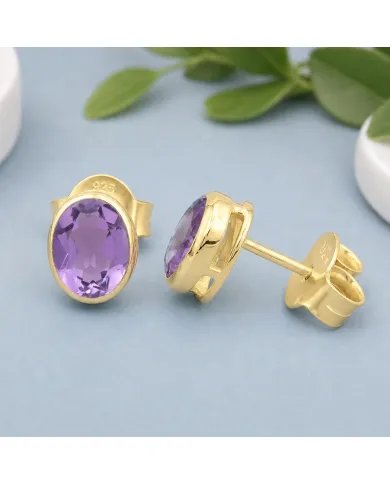 Amethyst Stud Earrings - 925 Sterling Silver Gold Plated Handmade Jewelry