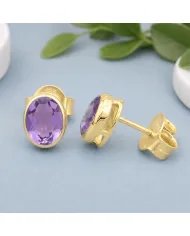 Amethyst Stud Earrings - 925 Sterling Silver Gold Plated Handmade Jewelry
