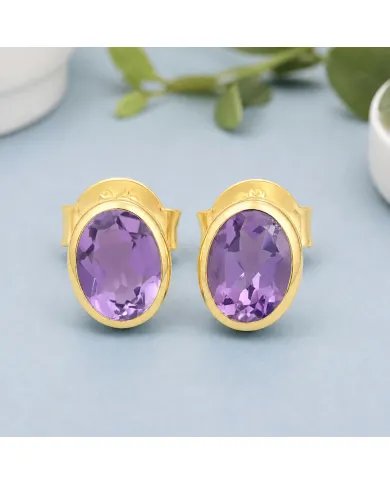 Amethyst Stud Earrings - 925 Sterling Silver Gold Plated Handmade Jewelry