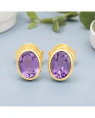 Amethyst Stud Earrings - 925 Sterling Silver Gold Plated Handmade Jewelry