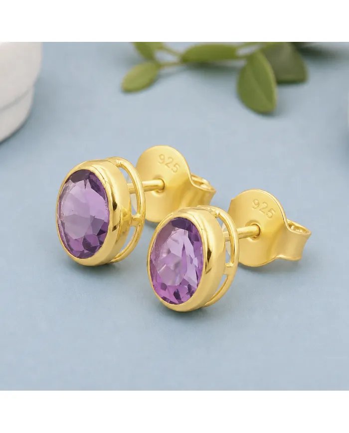 Amethyst Stud Earrings - 925 Sterling Silver Gold Plated Handmade Jewelry