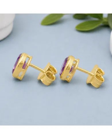 Amethyst Stud Earrings - 925 Sterling Silver Gold Plated Handmade Jewelry