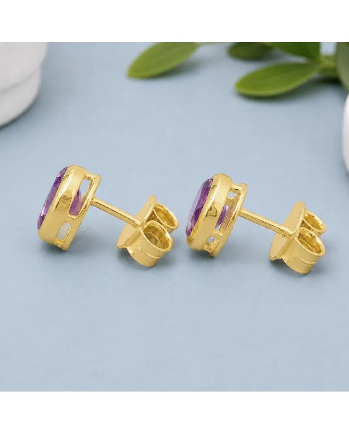 Amethyst Stud Earrings - 925 Sterling Silver Gold Plated Handmade Jewelry