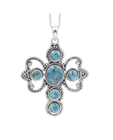 Blue Copper Turquoise Cross Pendant – 925 Sterling Silver Handmade Jewelry
