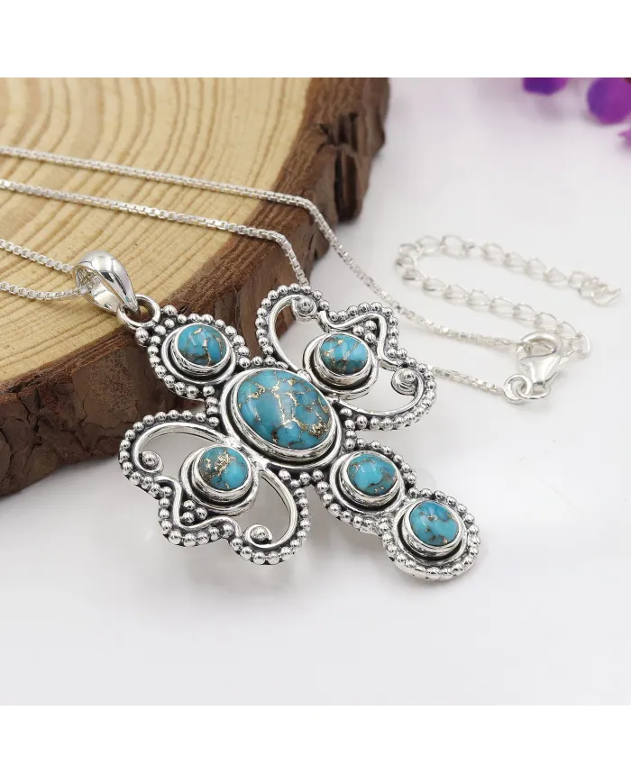 925 Sterling Silver Blue Copper Turquoise Cross Pendant Necklace