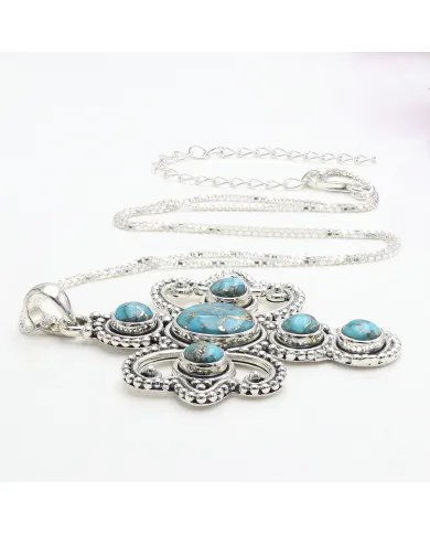 925 Sterling Silver Blue Copper Turquoise Cross Pendant Necklace