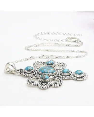 Blue Copper Turquoise Cross Pendant – 925 Sterling Silver Handmade Jewelry