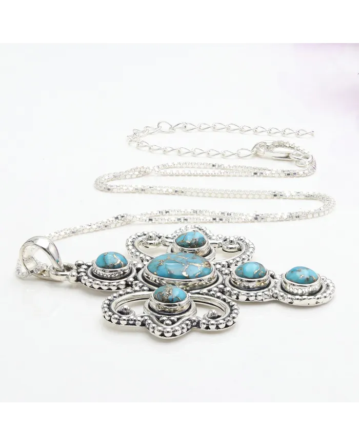 925 Sterling Silver Blue Copper Turquoise Cross Pendant Necklace