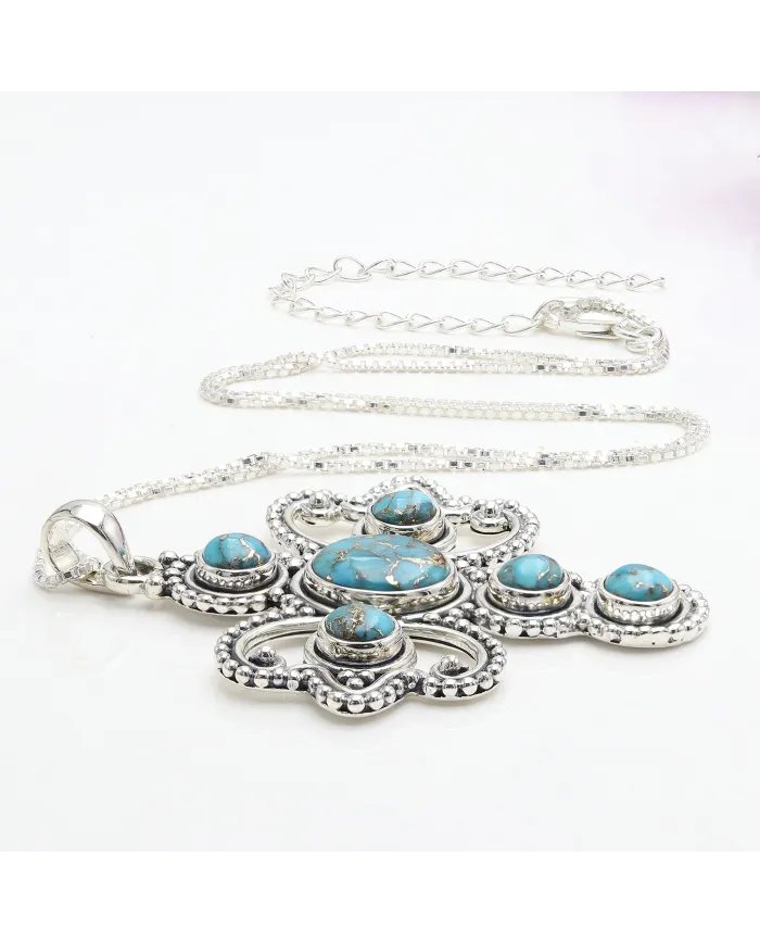 Blue Copper Turquoise Cross Pendant – 925 Sterling Silver Handmade Jewelry
