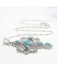Blue Copper Turquoise Cross Pendant – 925 Sterling Silver Handmade Jewelry