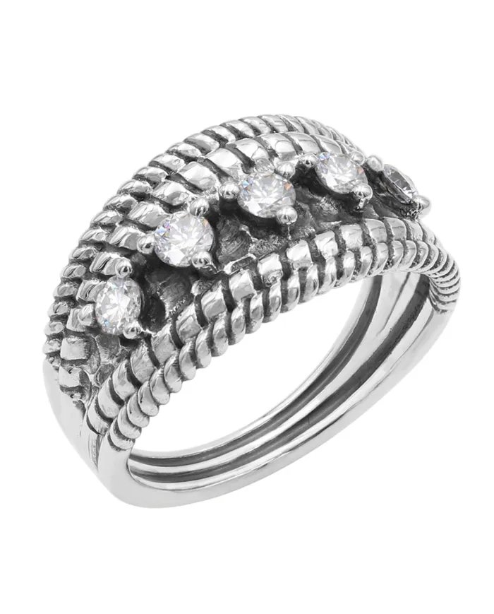 Swarovski Crystal Ring - 925 Sterling Silver Textured Band Jewelry