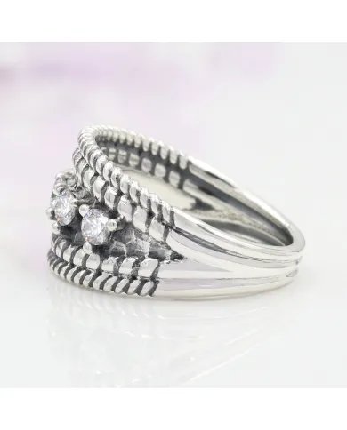 Swarovski Crystal Ring - 925 Sterling Silver Textured Band Jewelry
