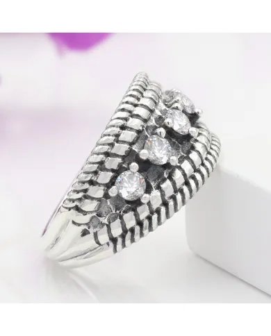 Swarovski Crystal Ring - 925 Sterling Silver Textured Band Jewelry