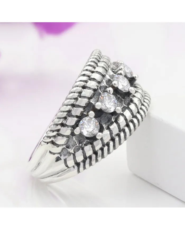 Swarovski Crystal Ring - 925 Sterling Silver Textured Band Jewelry